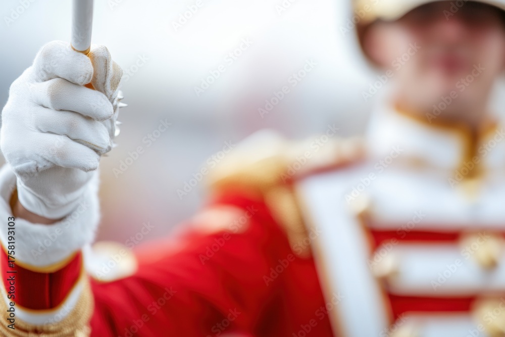 Obraz premium Precision in Uniform: A close-up shot focuses on a uniformed individual's gloved hand, holding a baton with precision.