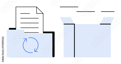 Digital folder with paper inside and synchronization icon, next to an open box. Ideal for data storage, organization, file sharing, technology, workflow, minimalism reliable system. Simple flat