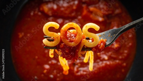 Close-up of pasta letters spelling 
