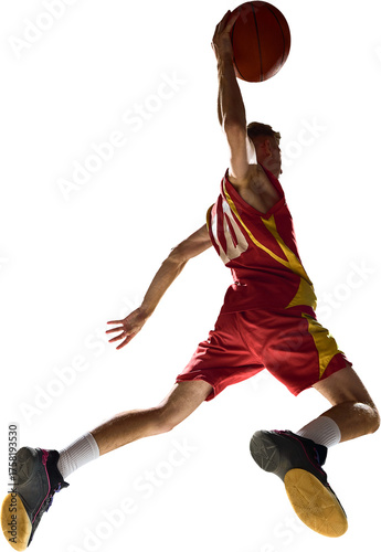 Fényképezés Basketball athlete performing slam dunk with full extension on transparent background