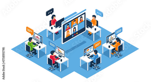 Isometric Illustration of Remote Team Video Conference Meeting.