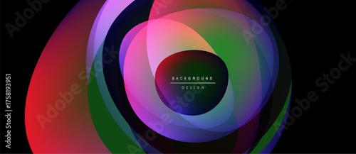 Abstract colorful layers create dynamic circular design. Gradient hues blend, forming vibrant visual impact. Modern aesthetic.