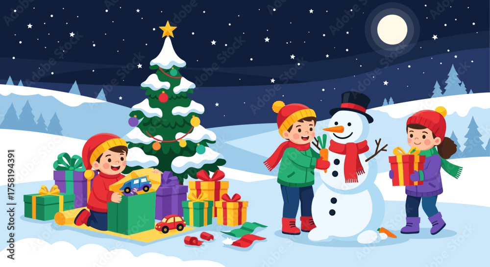 Fototapeta premium Children Enjoying Christmas with Snowman and Gifts.