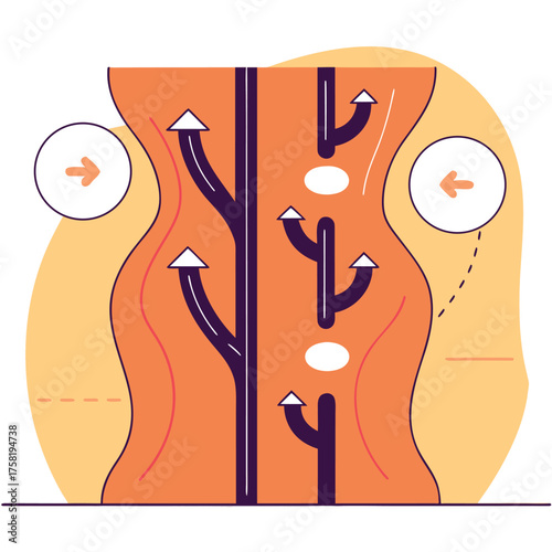 Illustration of blood vessels showing blood flow with arrows vector design for medical and educational purposes