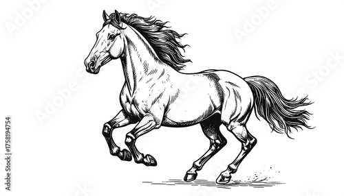 A detailed, graphic illustration showcases a majestic horse in dynamic motion, its mane and tail flowing freely.