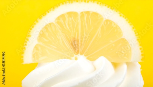A lemon slice atop whipped cream against a vibrant yellow background.