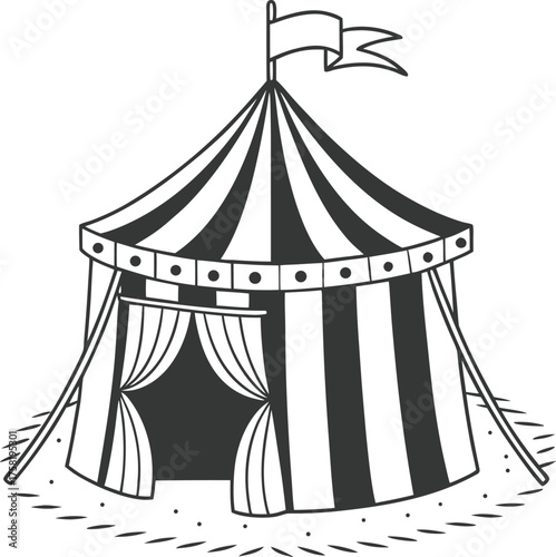 Vector art of a black and white illustration of a circus tent with striped fabric and a flag on top