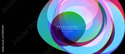 Abstract colorful layers create dynamic circular design. Vibrant hues blend, forming modern visual element. Smooth gradients suggest movement.