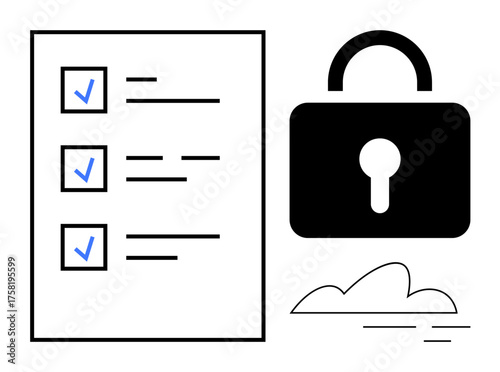 Checklist with blue check marks, secured padlock, minimalist cloud. Ideal for data security, online privacy, task management, compliance, cloud storage cybersecurity digital trust. Simple flat