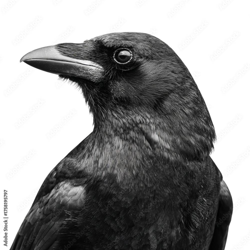 Fototapeta premium Png of closeup of a majestic crows head, showcasing its sleek black feathers and intelligent gaze isolated on transparent background