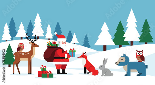 Santa Claus with Animals in Winter Scene.