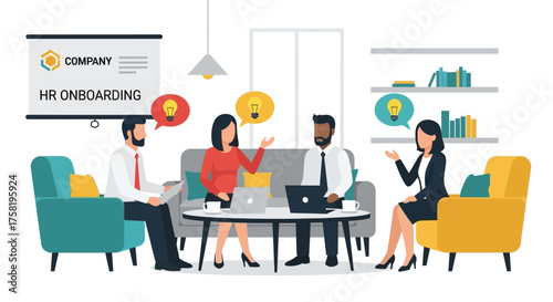 Team Discussing HR Onboarding in Modern Office Setting.
