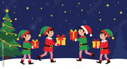 Festive Elves Carrying Christmas Presents Under Starry Night.