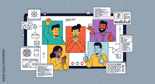 Diverse Group Video Conference Call Illustration.