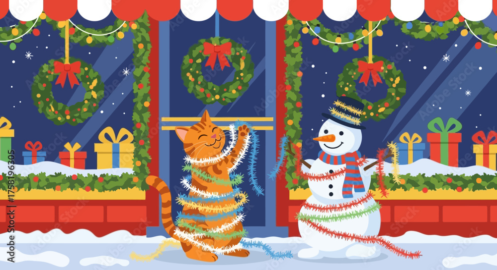 Naklejka premium Cheerful Cat and Snowman Decorating for Christmas.