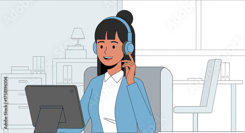 Smiling Woman Wearing Headphones and Working on Tablet.