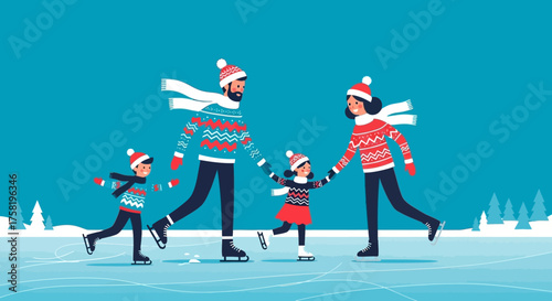 Family Ice Skating Together in Winter Season.