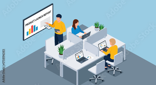 Team Working on Product Launch Report in Office.