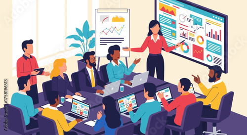 Diverse Team Meeting Around Table with Presentation.