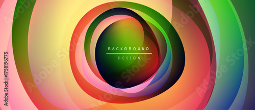 Abstract concentric circles, vibrant colors blend. Modern design, radial symmetry creates dynamic visual effect. Background features text elements.