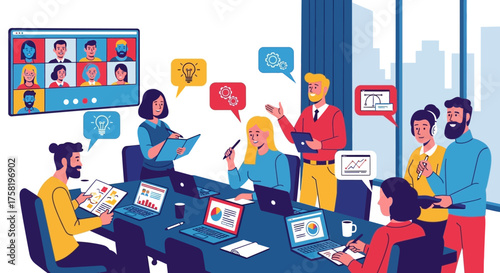 Team Collaboration During a Virtual Meeting Illustration.