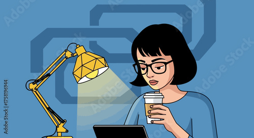 Woman Working Drinking Coffee Using Tablet Under Lamp.