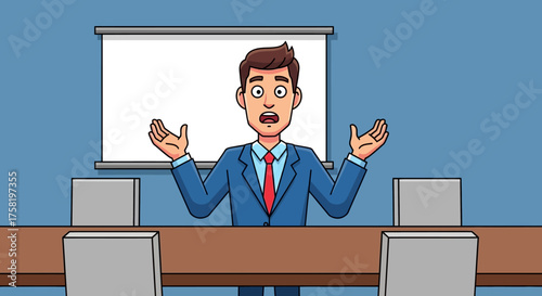 Surprised Businessman Presenting with Open Hands in Meeting.