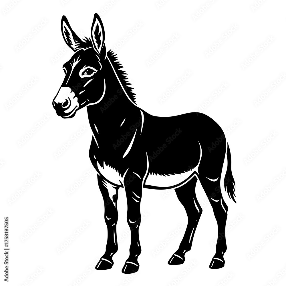 Fototapeta premium Black and White Image of a Standing Donkey