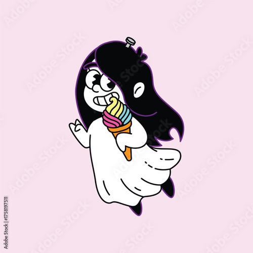A charming cartoon illustration of a ghost girl with black hair and glasses, happily holding and eating a vibrant rainbow ice cream cone. Kuntilanak Retro Mascot Character.