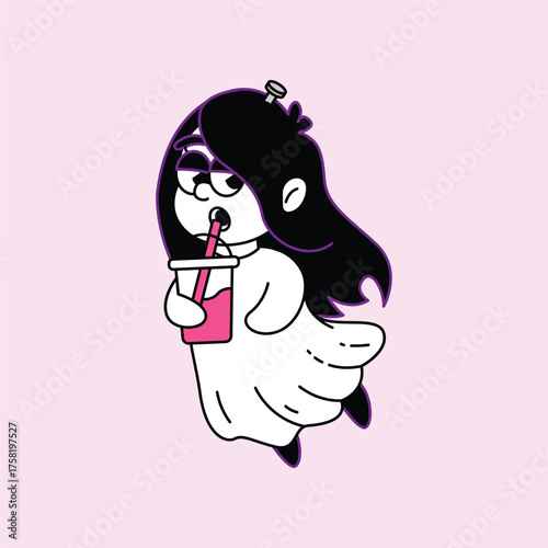 A charming illustration of a ghost girl with long dark hair and glasses, floating while sipping from a pink cup with a straw, set against a light pink background. Kuntilanak Retro Mascot Character.