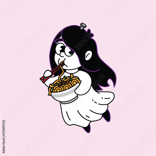 A charming illustration of a ghost girl with long black hair and glasses, happily eating ramen noodles with chopsticks from a white bowl. Kuntilanak Retro Mascot Character.