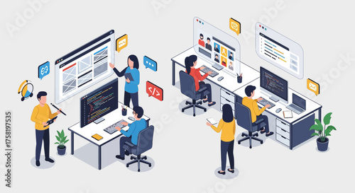 Isometric Illustration of Software Developers at Work.