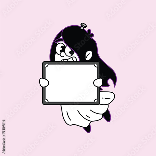 A charming cartoon character with dark hair and glasses holds a blank whiteboard, perfect for custom text or announcements. Kuntilanak Retro Mascot Character.