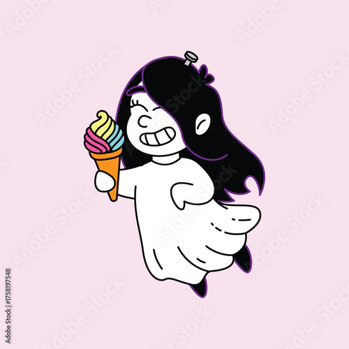 A cheerful cartoon ghost girl with long dark hair, wearing a white sheet, happily holding and eating a vibrant rainbow-colored ice cream cone. Kuntilanak Retro Mascot Character.
