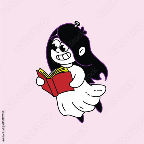 A charming cartoon illustration of a ghost girl with long dark hair and glasses, happily engrossed in reading a red book, set against a soft pink background. Kuntilanak Retro Mascot Character.