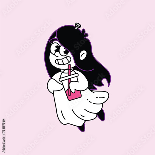 A charming cartoon illustration of a ghost girl with long dark hair, big eyes, and a cheerful smile, holding a pink-colored drink with a straw, against a light pink background. Kuntilanak Retro Mascot