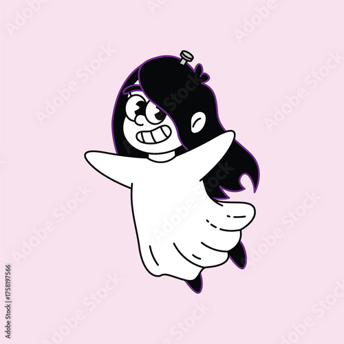 A charming cartoon illustration of a ghost girl with long dark hair, a wide smile, and expressive eyes, floating playfully against a light pink background. Kuntilanak Retro Mascot Character.