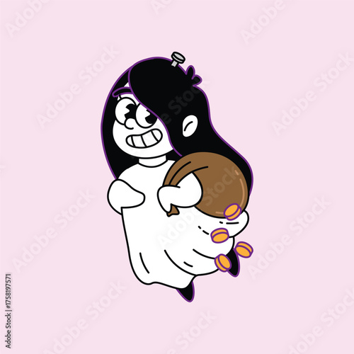 A cheerful cartoon ghost with a wide smile, holding a brown bag filled with colorful candies. The illustration features a simple, clean design with a light pink background. Kuntilanak Retro Mascot.