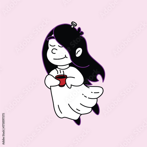 A charming illustration of a friendly ghost character with long dark hair, holding a red mug and smiling contentedly. Kuntilanak Retro Mascot Character.
