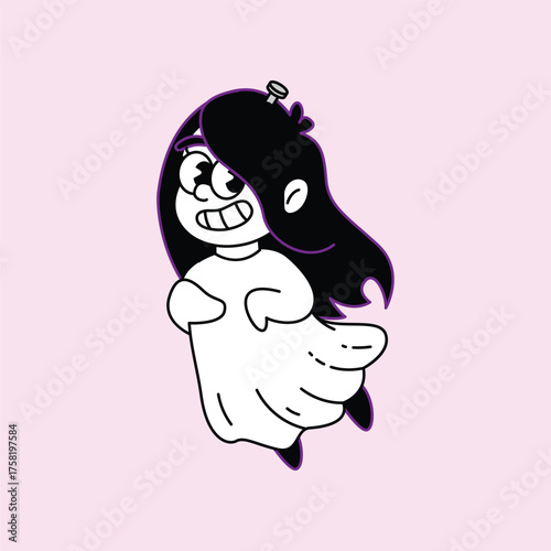 A charming cartoon illustration of a ghost girl with a wide grin and long, flowing dark hair, depicted in a playful and friendly manner, floating against a light background. Kuntilanak Retro Mascot.