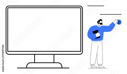 Businessman holding folder and interacting with content near large display monitor. Ideal for technology, workflow, innovation, digital management, business strategy, creativity, and productivity