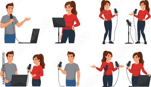 Cartoon People Podcasting with Microphones, Laptops, and Stands in Studio Scenes, Calm Mood, Six-Scene Media Lifestyle Series