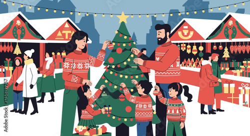Family Decorating Christmas Tree at Festive Market.