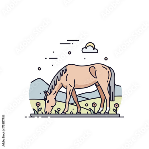 Horse grazing on grass in a meadow with mountains in background  