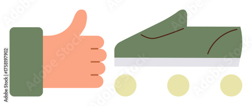 Green roller skate with three yellow wheels alongside a hand showing thumbs up. Ideal for sports, leisure, approval, positivity, success, evaluation, motivation. Simple flat metaphor