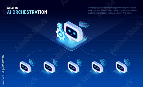 AI Agent Orchestration diagram infographics - one AI connects other AI agents or multi-agent systems - isometric technology vector
