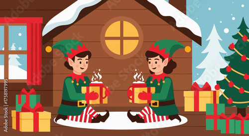 Two Christmas Elves Holding Gifts and Hot Drinks.
