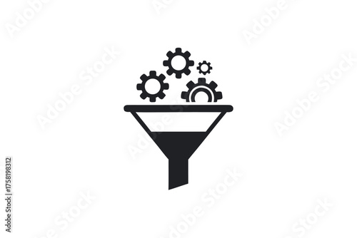 Black gears are being filtered through the dark processing funnel against a white backdrop