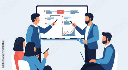Business Team Presentation with Whiteboard and Audience.