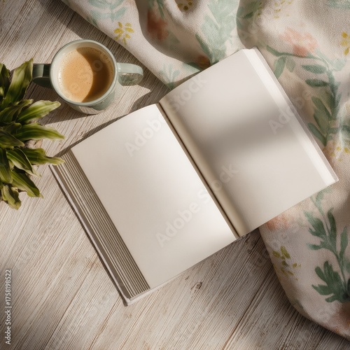 Serene Morning Ritual - Sun-drenched Blank Pages, Coffee, and a Soft Throw.